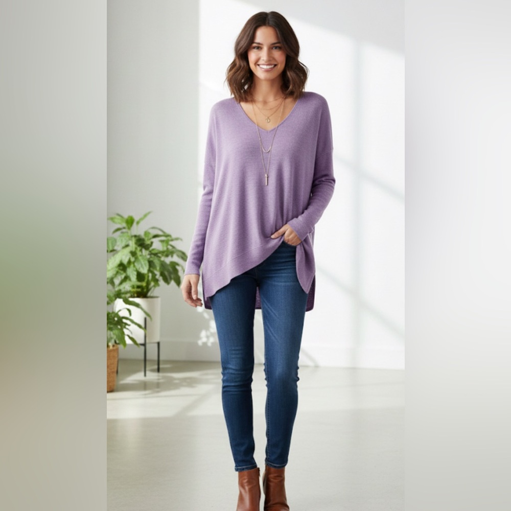 J. Jill Purple Oversized Tunic Lightweight Cotton Silk Wool Blend Sweater 33"